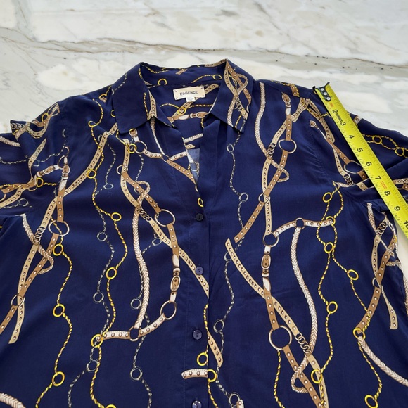 L’AGENCE BLUE EQUESTRIAN STRAP PRINT SHIRT SIZE LARGE NWOTS! - Picture 10 of 13